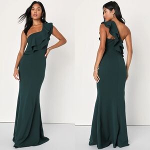 Lulus Grand Beauty Emerald Ruffled One-Shoulder Mermaid Maxi Dress M Wedding